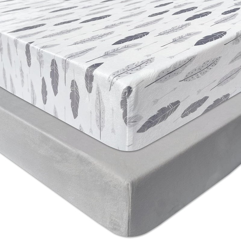 AMROSE 2 Pack Microfleece Crib Sheets, 28'' X 52'' Flannel Fleece Crib Fitted Sheets for Crib and Toddler Mattress Pad, Soft Comfy Warm Crib Sheets for Boys Girls, Feather - Image 1
